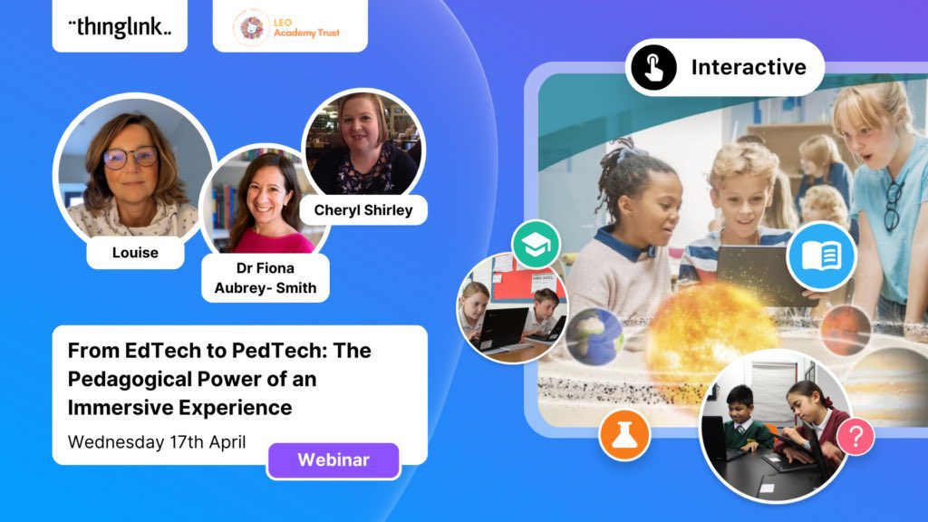 💬 From EdTech to PedTech: The Pedagogical Power of an Immersive Experience Come & join us on 17th April, as @MrsShirley8 & @FionaAS, talk with @scotlandlouise on a special @ThingLink webinar. Including top tips on using @ThingLink_EDU. Register now!👇 thinglink.com/blog/amazing-w…