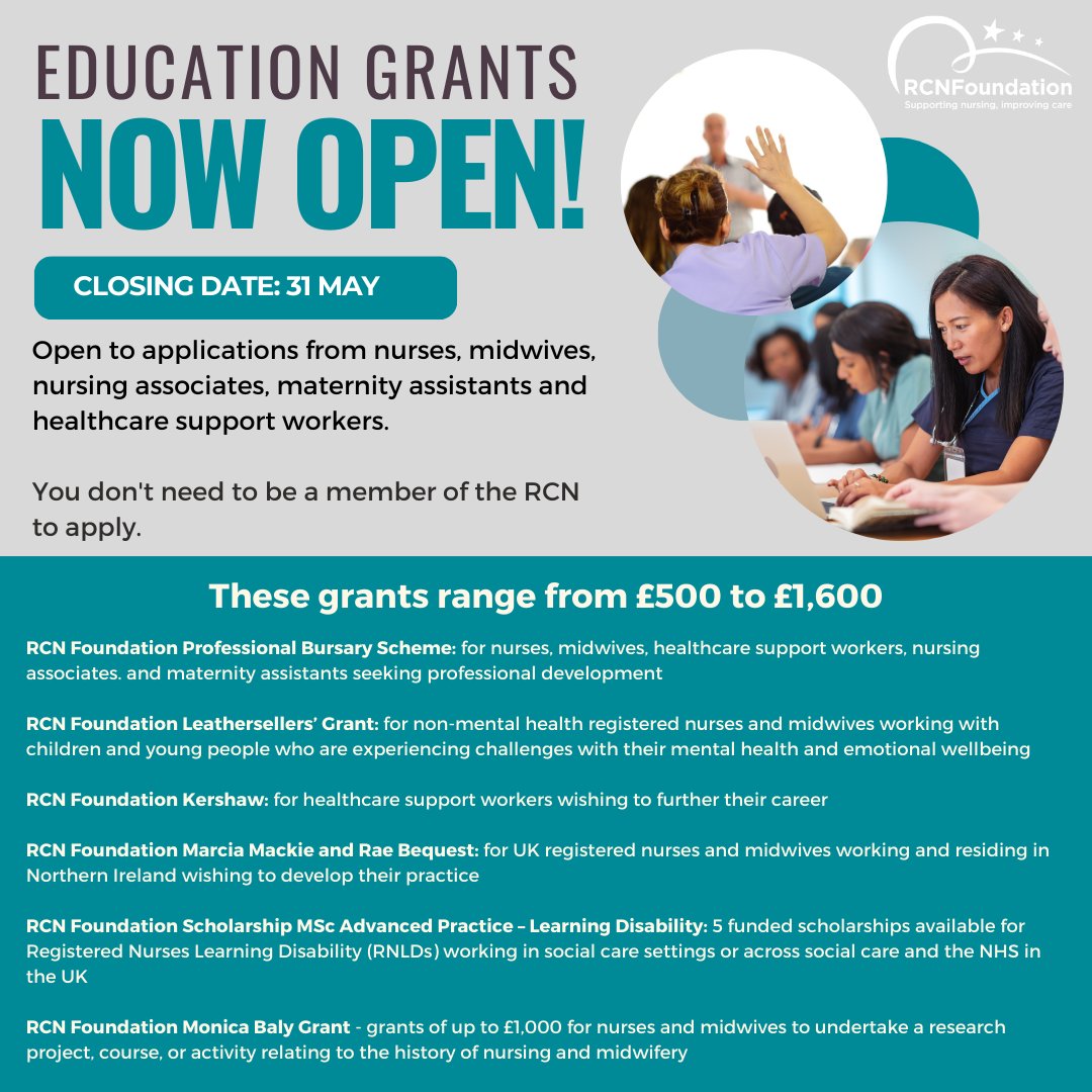 📢Attention nurses, midwives &amp; healthcare support workers!

Our Spring education grants are now open! If you’re thinking of taking a course to help your career &amp; professional development, look no further!

Visit our website to find out more &amp; to apply:
bit.ly/3LOBroe