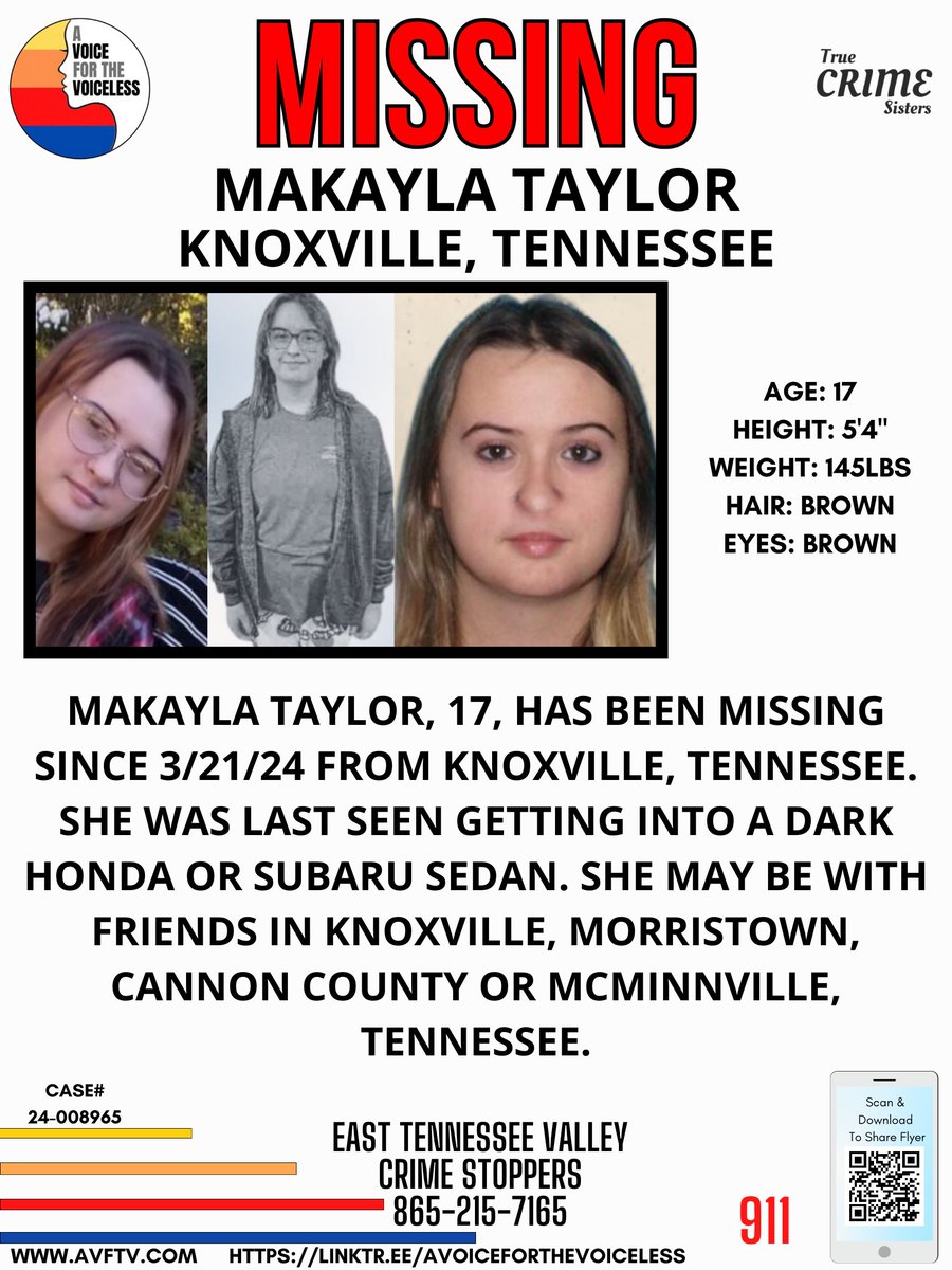 PLEASE‼️It only takes one second to share this #missingperson case. The willing and able can make a difference! 💙❤️🧡💛 #MakaylaTaylor, 17, has been missing since 3/21/24 from #Knoxville, #Tennessee. She was last seen getting into a dark Honda or Subaru sedan. she may be with