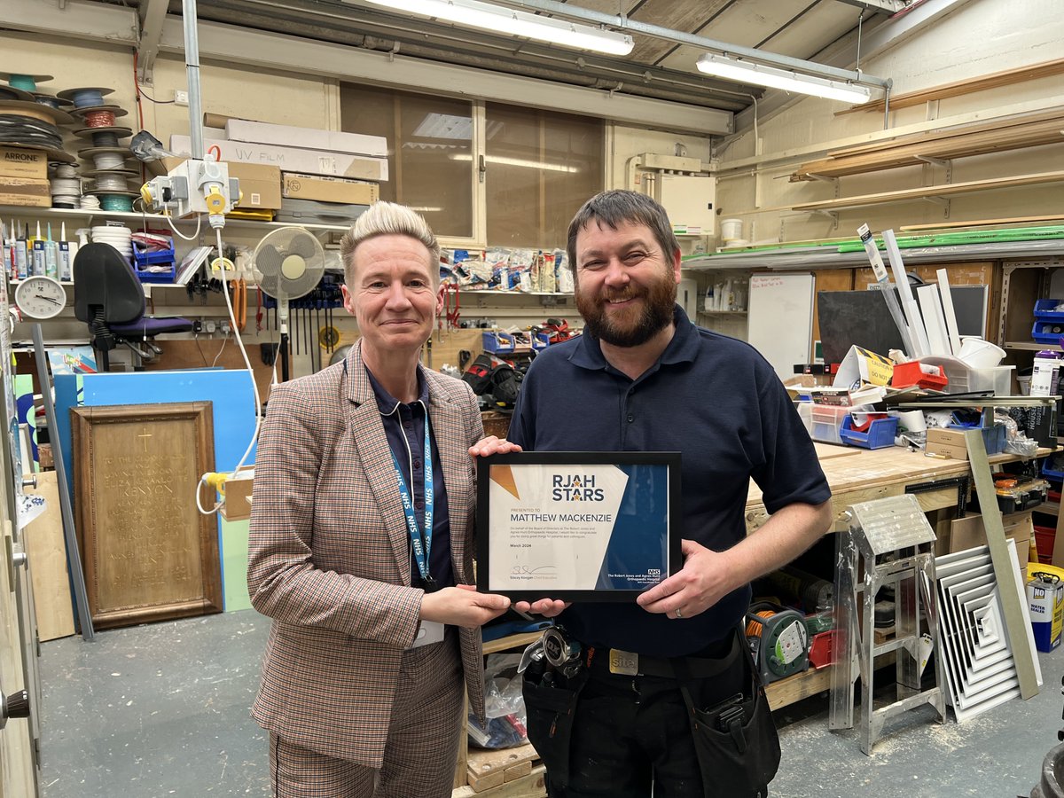 Congratulations to Matty Mackenzie, Building Team Leader, who has nailed down a win in the monthly staff awards, RJAH Stars 🤩 He was nominated by Jenny Evans, Communications Apprentice, after she spent a day shadowing Matty in his role. More here: rjah.nhs.uk/about-us/news/…