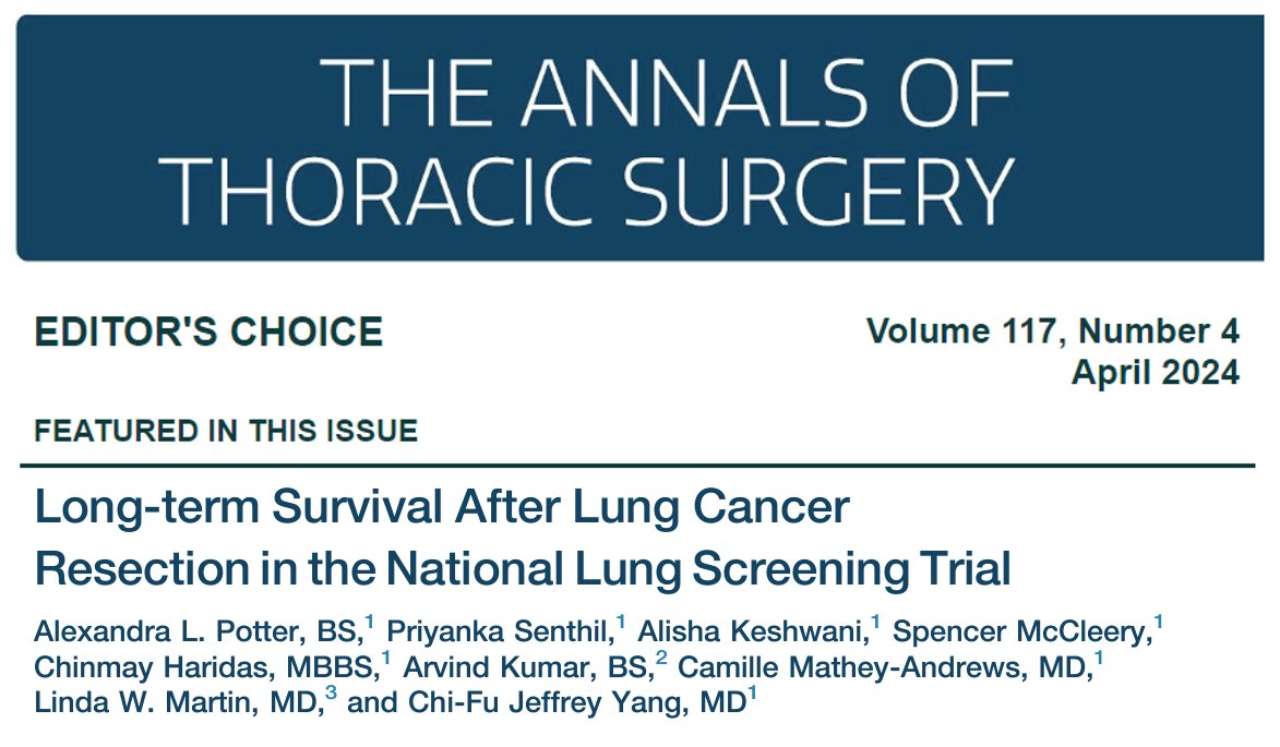 .@annalsthorsurg featured a study by our ALCSI team that found the 10-year overall survival of #NLST patients undergoing lobectomy for stage IA NSCLC to be only 58%. Strategies to reduce death in earliest stage lung cancer patients are urgently needed. authors.elsevier.com/c/1io85ovKhFKh