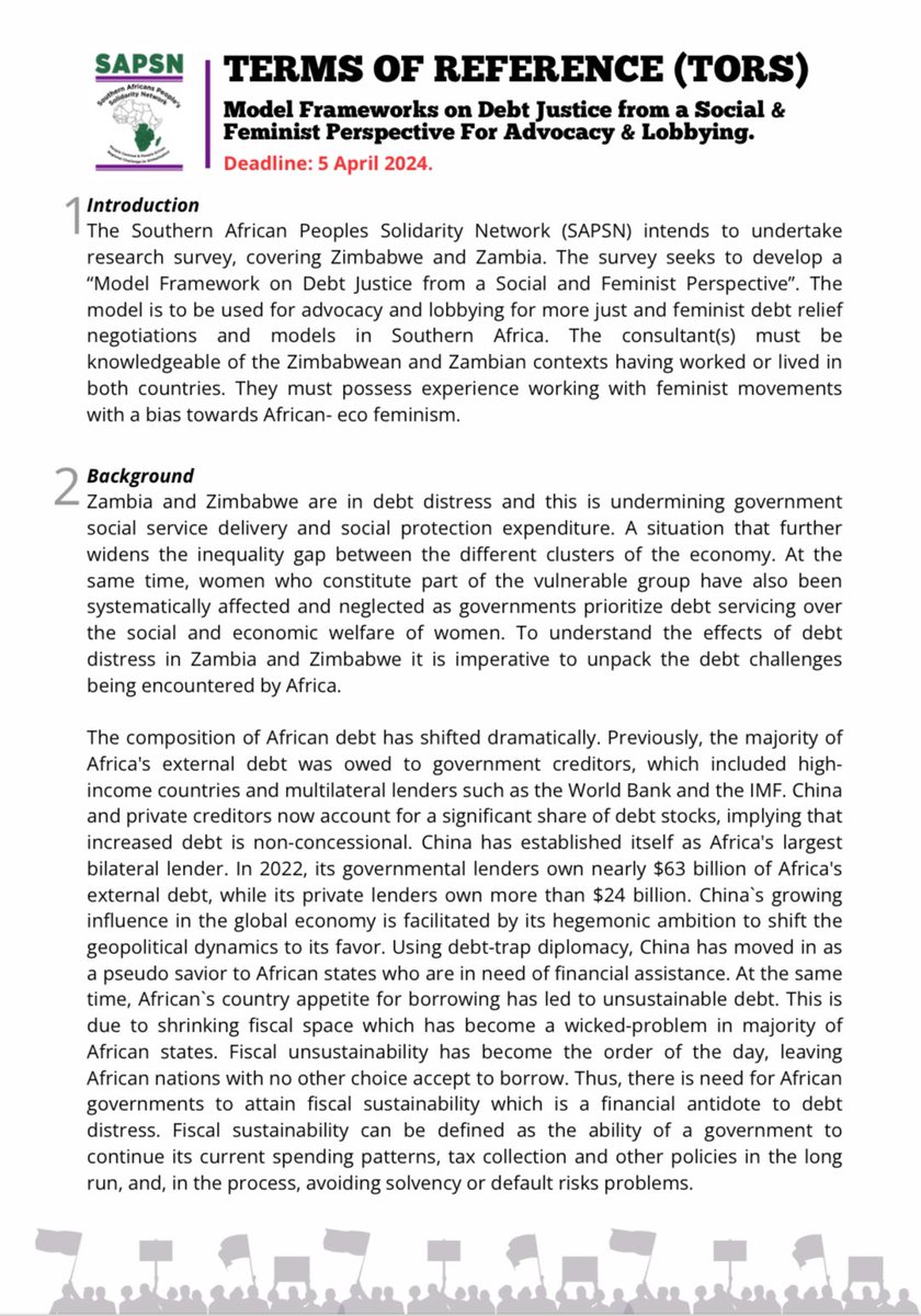 🔔Opportunity Alert.🔔 Terms of Reference: Model Frameworks on Debt Justice from a Social & Feminist Perspective For Advocacy & Lobbying. Respond by 5 April 2024. More: zimcodd.org/wp-content/upl…