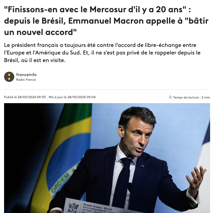 Depuis le Brésil, @EmmanuelMacron dit vouloir 'en finir' avec l'accord UE-Mercosur. 

Alors pourquoi 
➡️ne pas retirer l'appui de la France au mandat de négociation avec lequel la Commission UE négocie en notre nom ?
➡️a minima le réexaminer de fond en comble ?

#StopEUMercosur