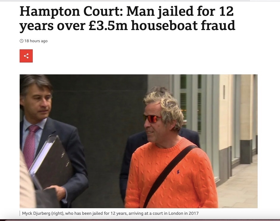 12 yrs in prison! Great to know that if a mooring operator dishonestly tells a boatowner that a leisure mooring is residential that may be a criminal offence and one that the courts take seriously.  According to public records, seven boats <a href="/CadoganPier/">Cadogan Pier</a> owned by Andrew Moffat