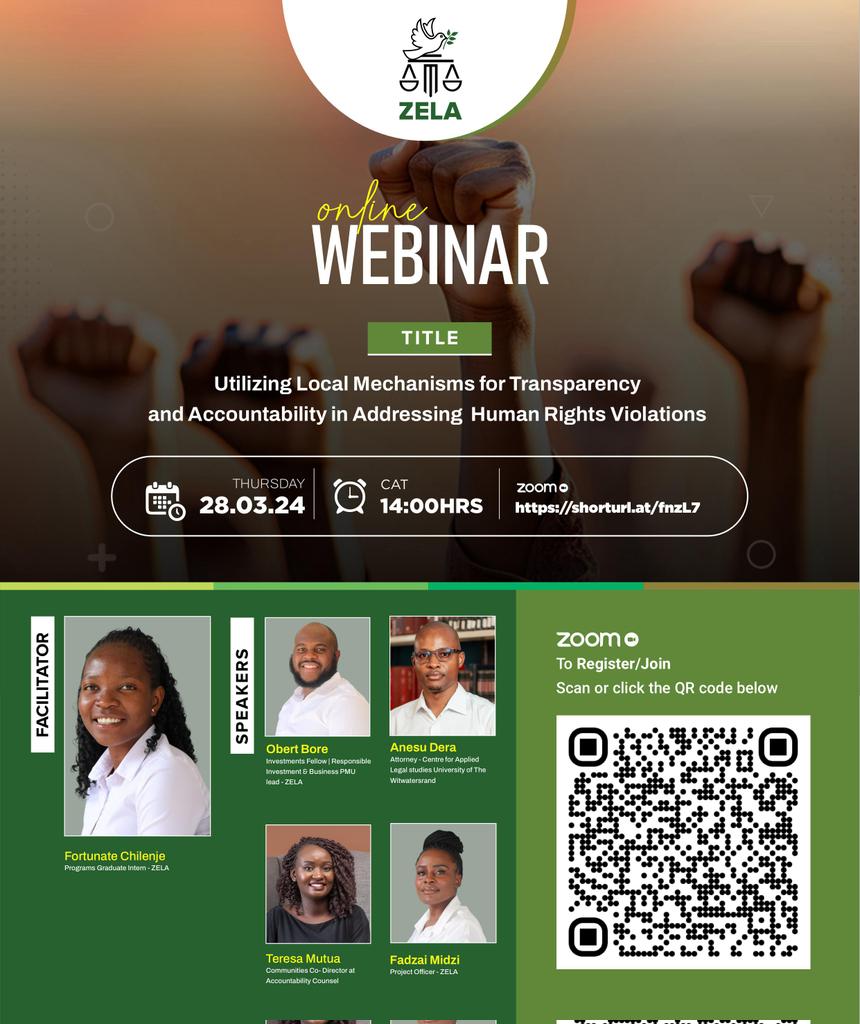 Join me in attending the webinar organized by <a href="/ZELA_Infor/">Zimbabwe Environmental Law Organisation (ZELO)</a>, where we'll explore practical ways to utilize local mechanisms in the fight against human rights violations. Together, we can create a world where everyone's rights are protected. #WebinarAlert #YouthForRights