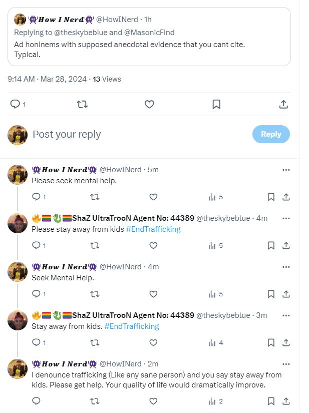 HowINerd's tweet image. Anti-Masonic Rhetoric used to be funny, but the rise of issues stemming from mental illness like @theskybeblue is spewing has led to the deaths of good men.

Brotherly love, Relief and charity are the tenets of Masonry. 

#Freemasons #masonry