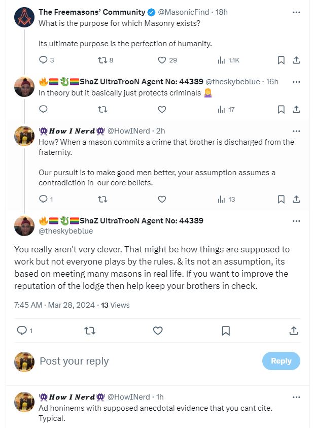 HowINerd's tweet image. Anti-Masonic Rhetoric used to be funny, but the rise of issues stemming from mental illness like @theskybeblue is spewing has led to the deaths of good men.

Brotherly love, Relief and charity are the tenets of Masonry. 

#Freemasons #masonry