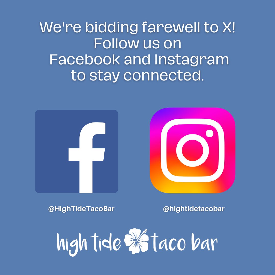 We're saying goodbye to X! Stay connected by following us on our other platforms.

instagram.com/hightidetacoba…
facebook.com/HighTideTacoBar

#HighTideTacoBar #Farmingdale #LongIsland #LongIslandEats #TastingLongIsland #Tacos #Instagram #Facebook