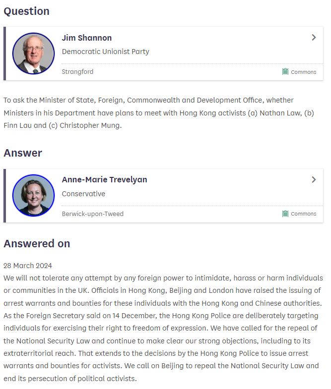 👏👏Thank you @JimShannonMP for raising the cases of transnational repression targeting #HongKong activists to the @FCDOGovUK HK$1million bounties were placed on @SiuTat_Mung @finnlau_cd @nathanlawkc who all reside in the UK. The UK Gov must ensure their safety.