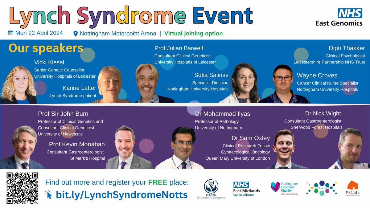 Do you have Lynch Syndrome? Are you a clinician with an interest in LS? Register your free place at our Lynch Syndrome event in Nottingham, 22 April 2024. Virtual joining option available. Meet our fantastic speakers for patient and clinician sessions: events.eahsn.org/LynchSyndromeP…