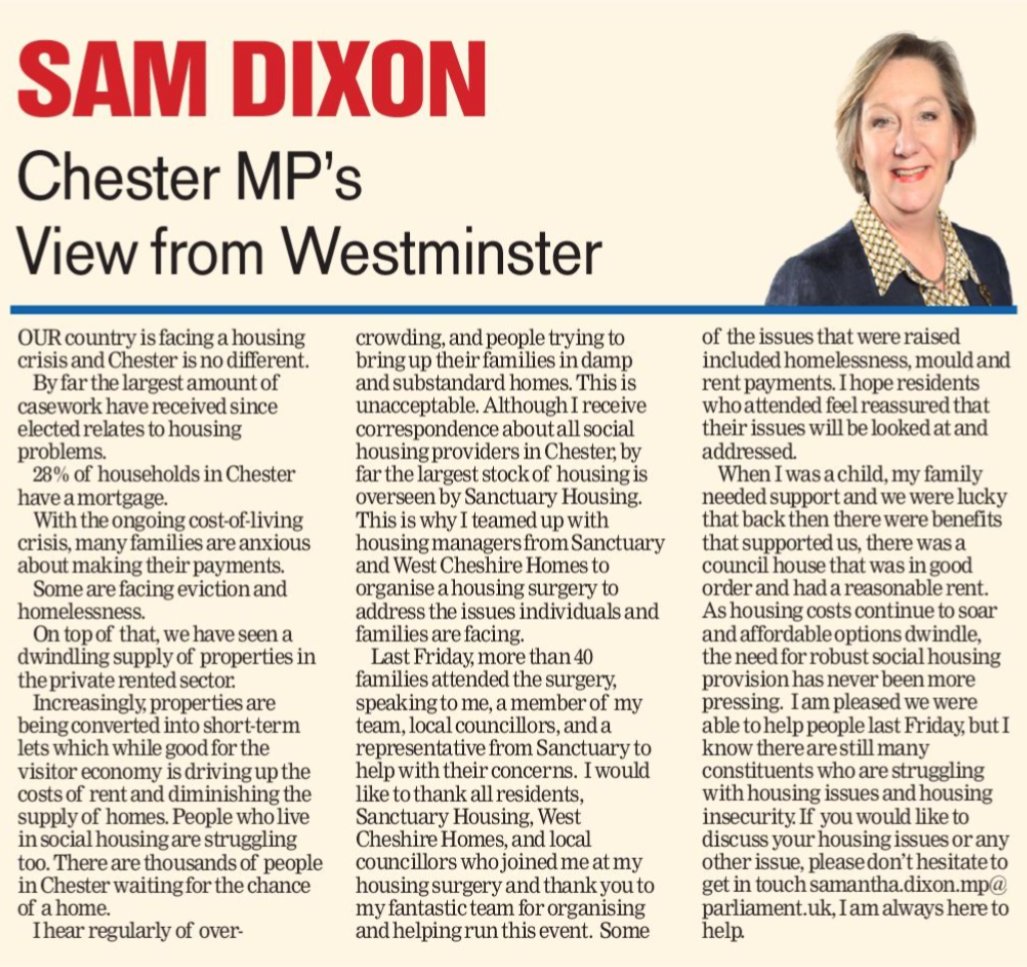 Our country is facing a housing crisis and Chester is no different. Last week, along with Sanctuary Housing and West Cheshire Homes I held a housing surgery, helping over 40 families with their housing issues. You can read more in this week's Standard column 👇