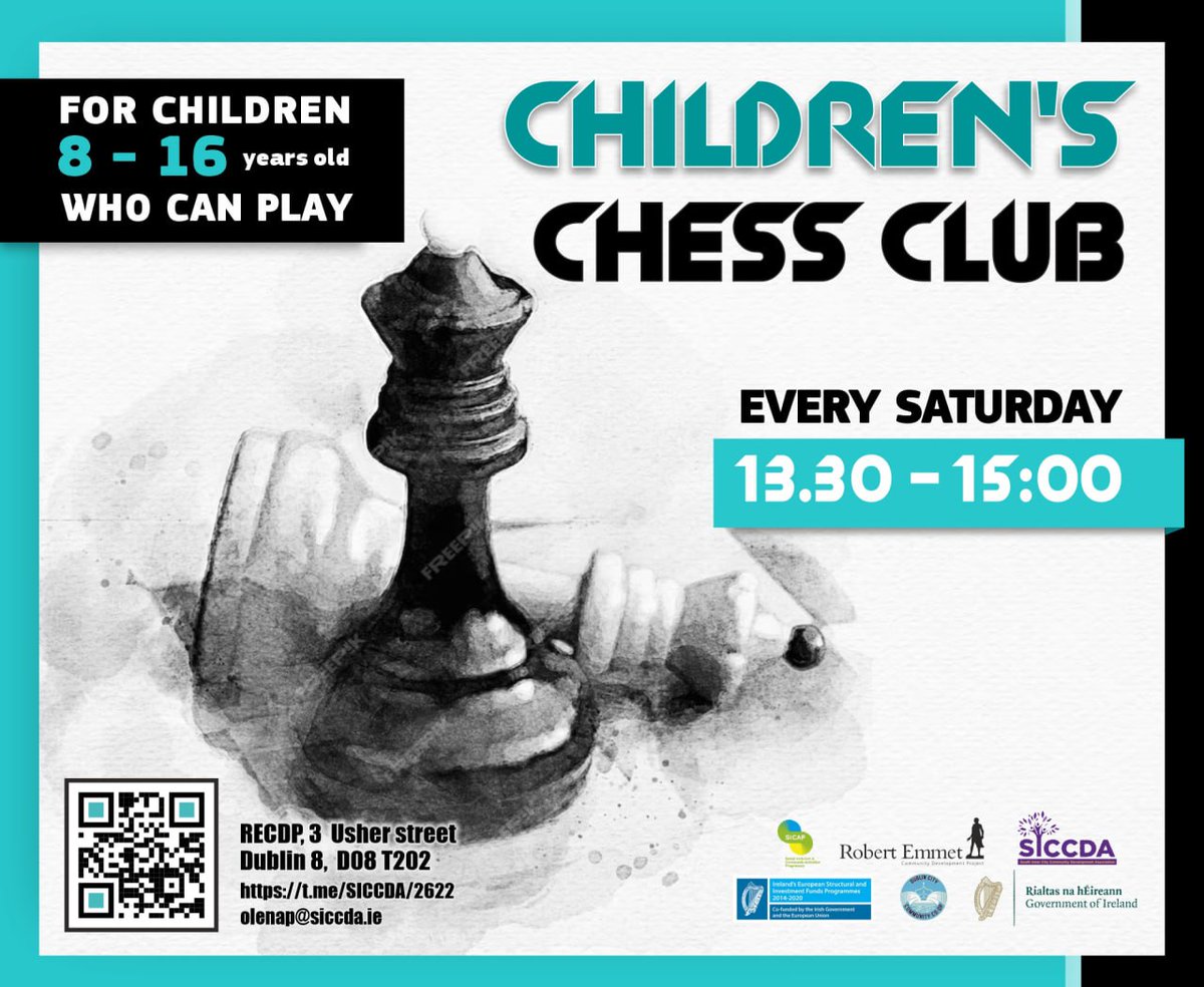 Join our Children's Chess Club today! The club runs every Saturday from 13:30 - 15:00 at Robert Emmet CDP, 3 Usher Street, Dublin 8. Sign up via the link: t.me/SICCDA/2622 Or email olenap@siccda.ie This club is for children who have experience playing chess.