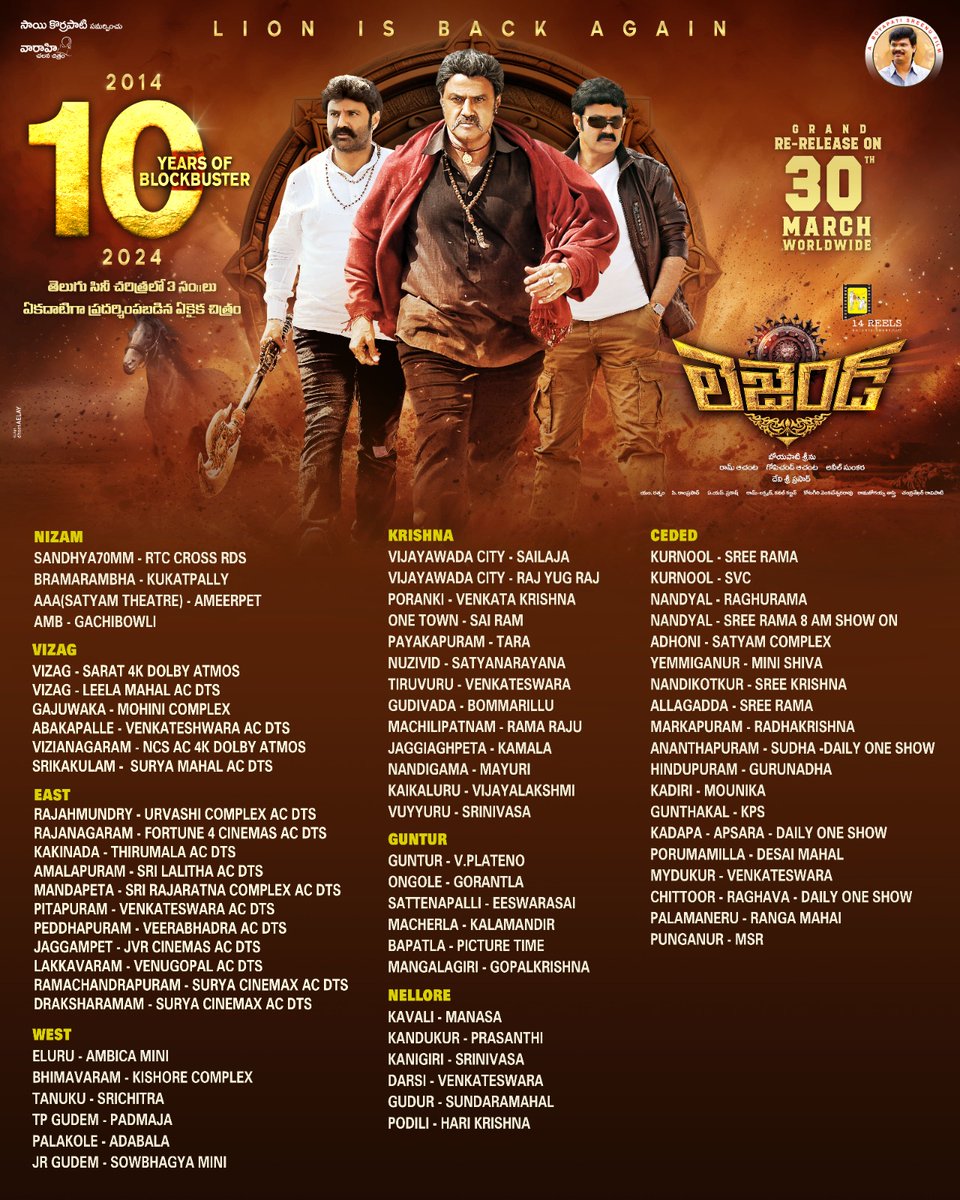 Here is the Andhra & Telangana theatre list for the Grand Re-release of #Legend Witness the mass hysteria once again on March 30th ❤️‍🔥 Watch the celebrations live now! ▶️ youtu.be/zge3KOpawlw #10YearsForLegend NATASIMHAM #NandamuriBalakrishna #BoyapatiSrinu @IamJagguBhai