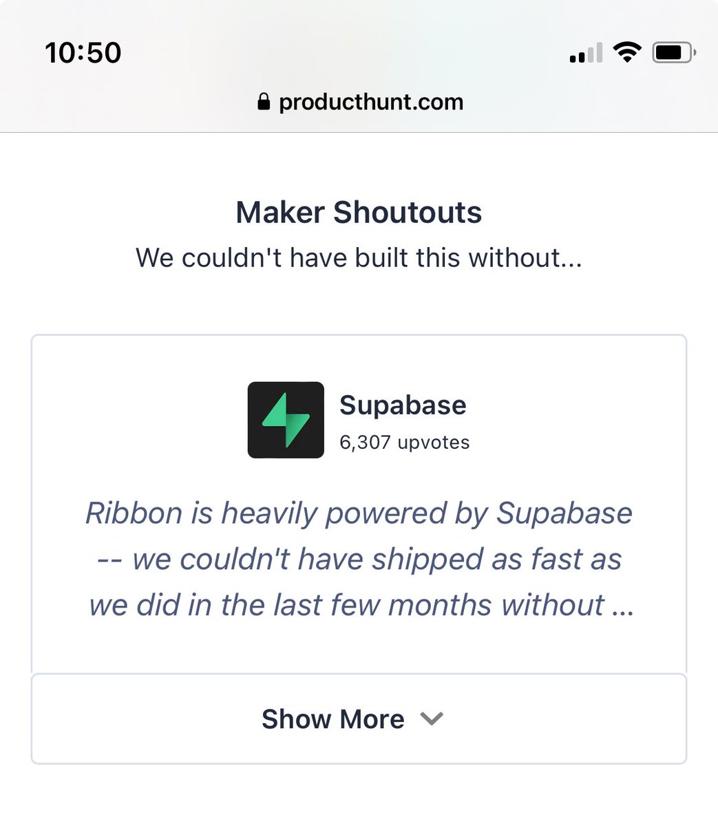 Shoutout to our pals at @RibbonCareerAI — launching the fastest way to job search today on <a href="/ProductHunt/">Product Hunt 😸</a> 

They’ve been with <a href="/supabase/">Supabase</a> since the beginning. 

Here’s what say about building with Supabase: