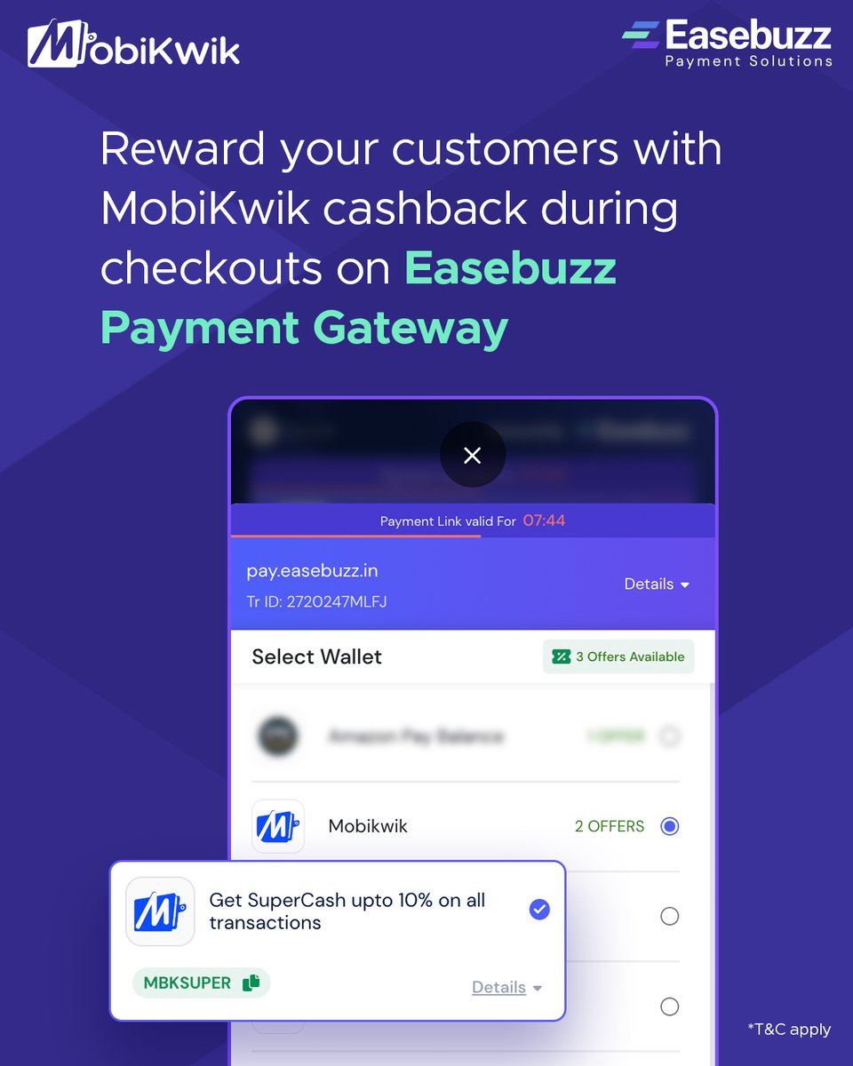Improve checkout conversions and customer retention with 𝐌𝐨𝐛𝐢𝐊𝐰𝐢𝐤 offers on 𝐄𝐚𝐬𝐞𝐛𝐮𝐳𝐳 𝐏𝐚𝐲𝐦𝐞𝐧𝐭 𝐆𝐚𝐭𝐞𝐰𝐚𝐲! . ✅Provide a secure and seamless payment experience to your customers #MobiKwik #CashbackOffers #Easebuzz #PaymentGateway #Rewards