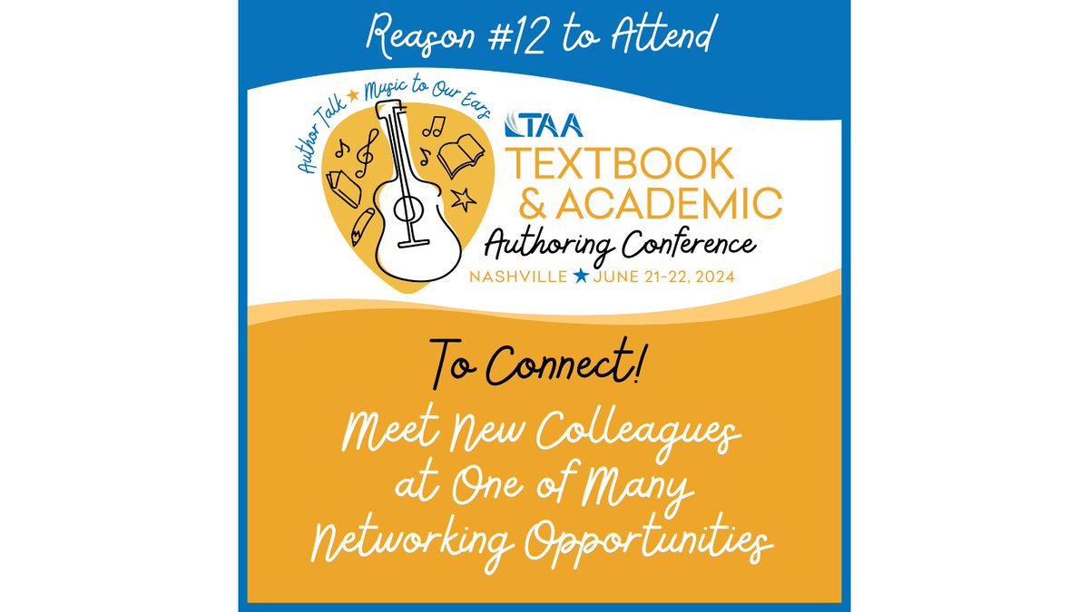 It's a great day to register for #TAA2024 in Nashville June 21-22! When you register by April 8, you save $100! Learn the latest on textbook and academic authoring while connecting with peers at receptions, breakfasts, and one-on-one convos. bit.ly/46bpK2b #Writing