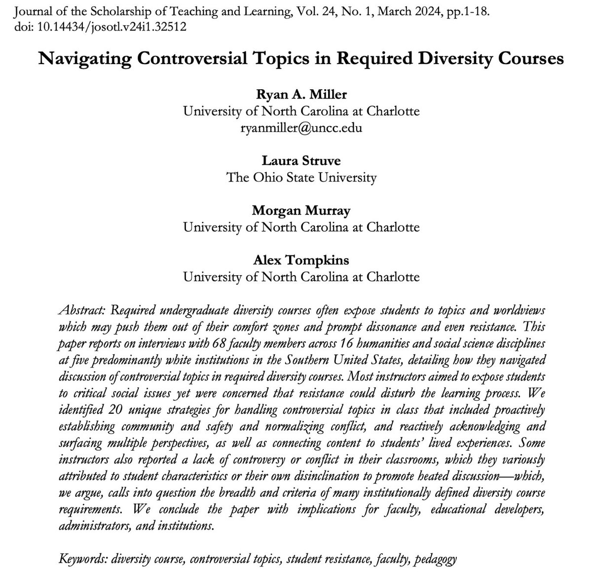 New open access article in the Journal of the Scholarship of Teaching and Learning w/Laura Struve, Morgan Murray, Alex Tompkins - Navigating Controversy and Hot Topics in Required Diversity Courses scholarworks.iu.edu/journals/index… @CLT_COED