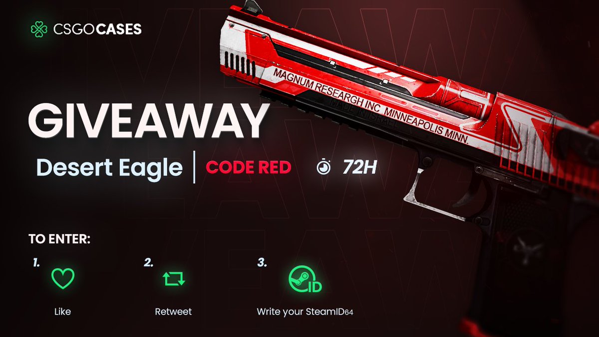csgocasescom's tweet photo. 💥Desert Eagle | Code Red (FT) GIVEAWAY!💥
How to Enter:
💗Like
🔁Retweet
✍️Write your SteamID64

🎁Winner will be announced after 72h⏰
#cs2giveaways #cs2skins #csgocases #cs2skinsgiveaway #cs2community #giveaway #CS2Giveaway #CS2 #CounterStrike2 #CS2 https://t.co/mfFmgYsl0i