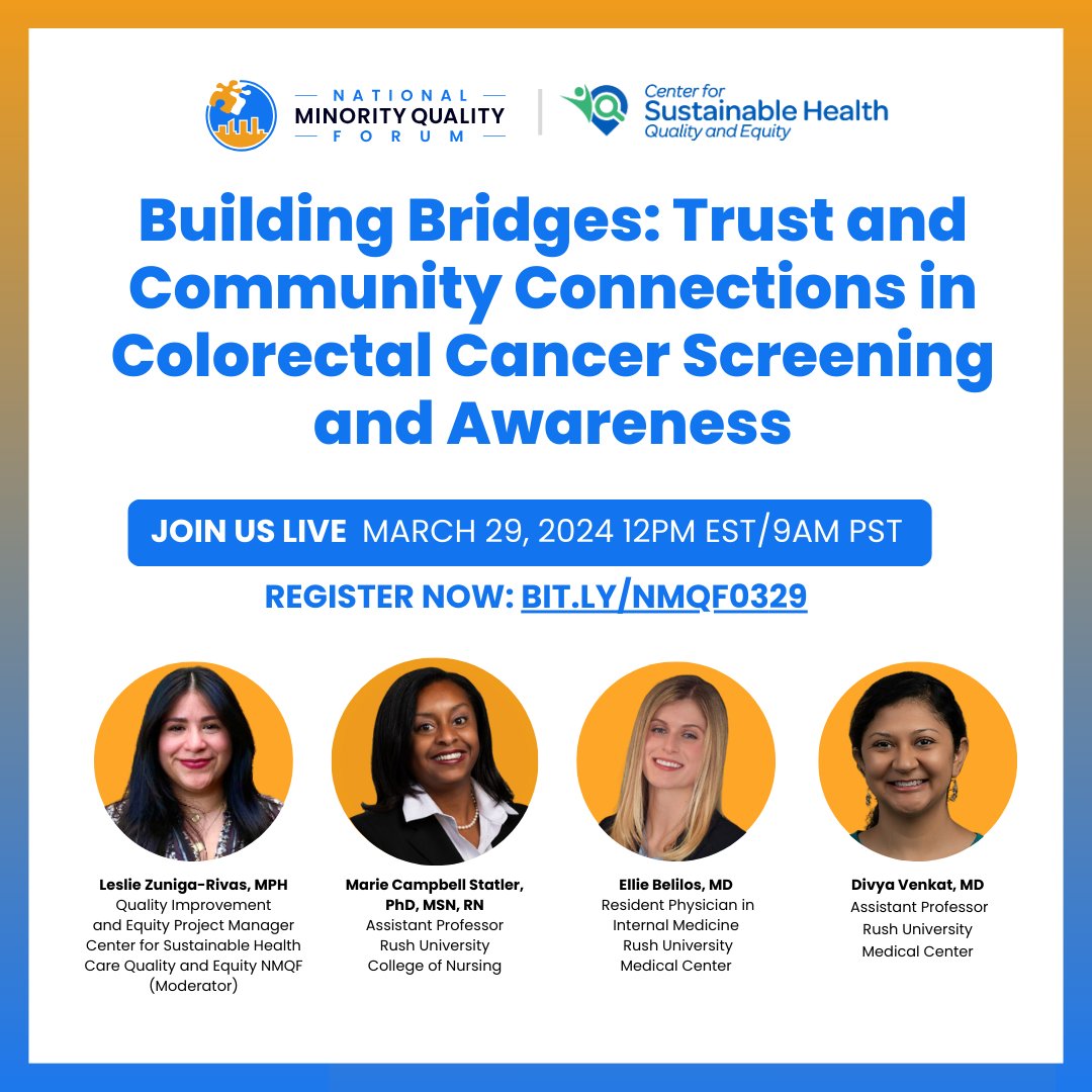 Tomorrow at 12 PM ET: Join us live for “Building Bridges: Trust and Community Connections in Colorectal Cancer Screening and Awareness.” Register now: bit.ly/NMQF0329