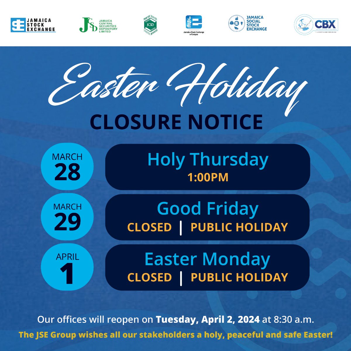 Kindly note our office hours for the Easter Holiday. Our offices will resume operations on Tuesday, April 2, 2024, at 8:30 a.m. Wishing everyone a blessed, peaceful, and safe Easter! #JSENews #EasterHoliday #HappyEaster