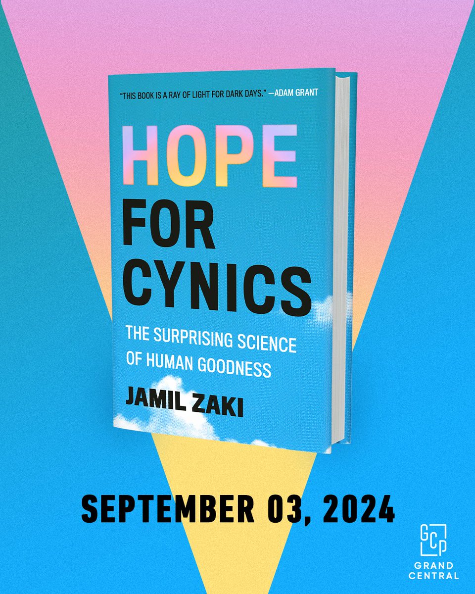I'm elated to announce that my new book, HOPE FOR CYNICS, will be published on September 3rd!

It explains why people have lost faith in one another, and how we can build a sturdier, data-driven hope.

You can find more information and pre-order here: hachettebookgroup.com/titles/jamil-z…