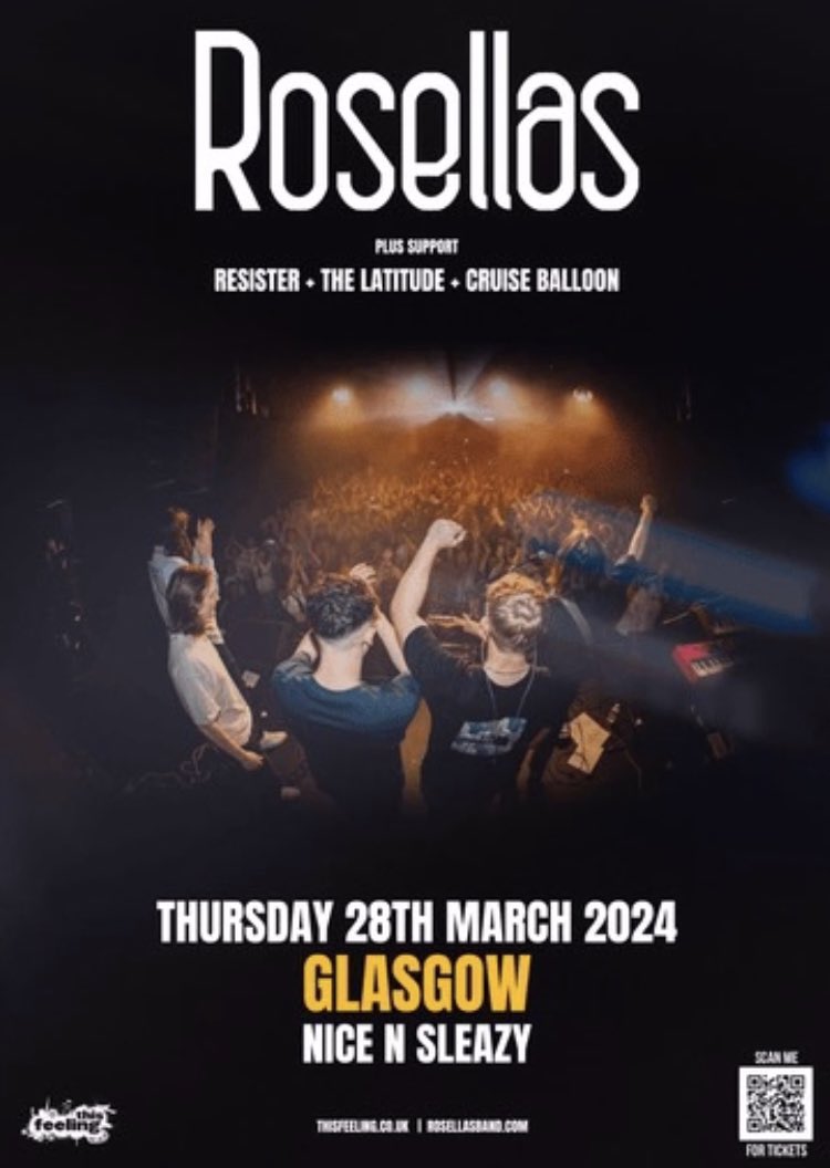 Stage times for tonight’s headline Glasgow show at @nice_n_sleazy 🌹 Doors 7:30pm 7:45 - @TheLatitudeBand 8:25 - @CruiseBalloon 9:05 - @resistergla 9:45 - Rosellas Curfew 10:45pm Last tickets 🎫 - skiddle.com/whats-on/Glasg…