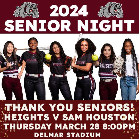Senior night, take two. The weather looks great this time, so come out and support these girls who have given so much to this program the past 4 years!! #ThisIsHeightsSoftball