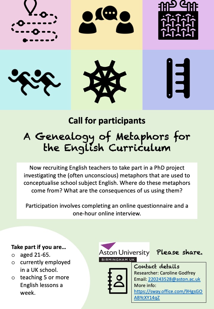 Calling interested English teachers to participate in PhD research on the metaphors we use to conceptualise subject English. @NATEfeed @Team_English1 @EngMediaCentre @The_UKLA @EnglishAssoc would really appreciate a retweet. For more information, DM or email.