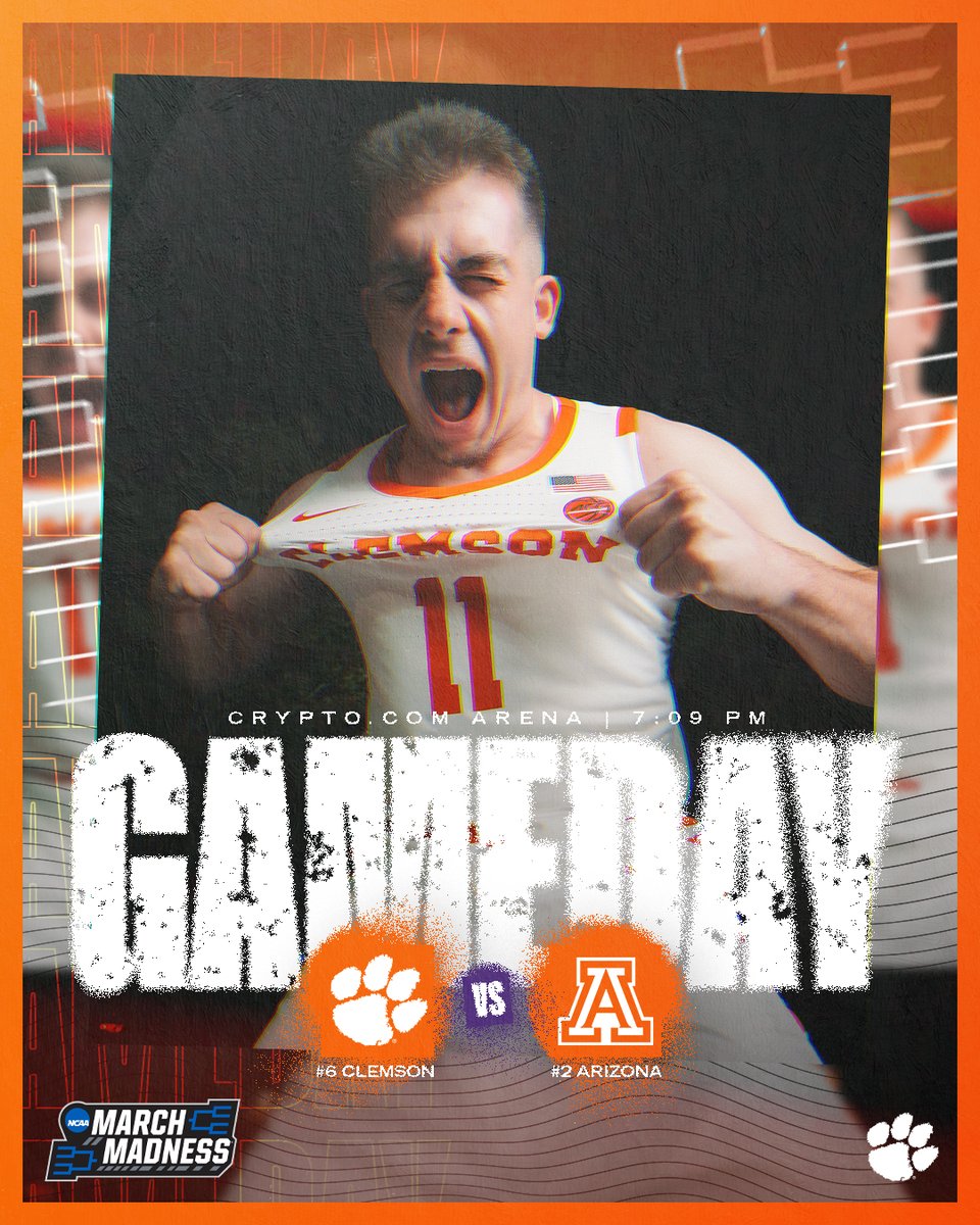 Dancin' tonight in the City of Angels! #MarchMadness #ClemsonGRIT 🆚 Arizona 🕖 7:09 PM (ET) 📍 Crypto.com Arena 📺 CBS 📻 Clemson Athletic Network