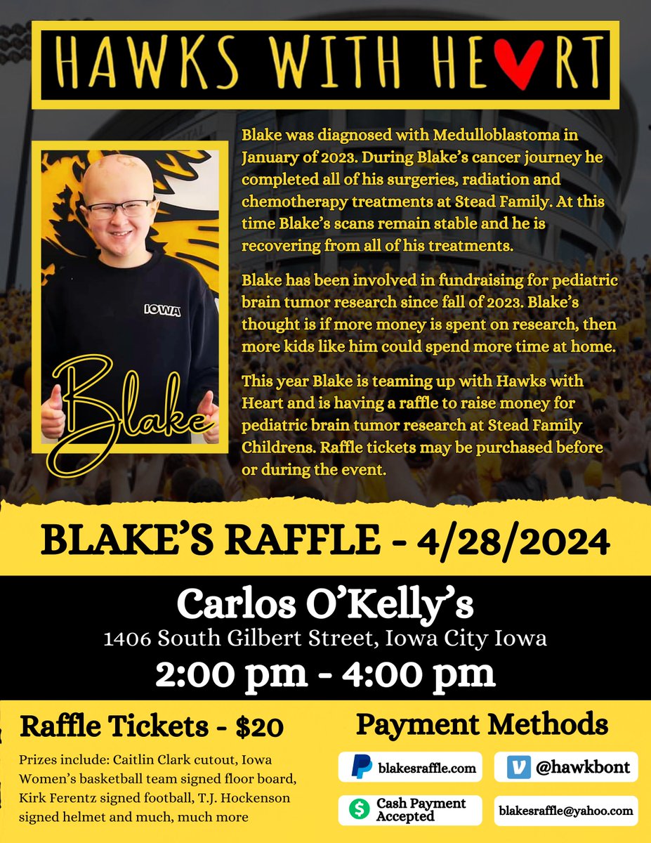 Anyone interested in winning a Caitlin Clark signed ball with all money going to Stead Family Children's Hospital in Iowa City. Blake battled brain and spine cancer in 2023 and now wants to give back! We have many awesome Hawk prizes! Please email Blakesraffle@yahoo.com