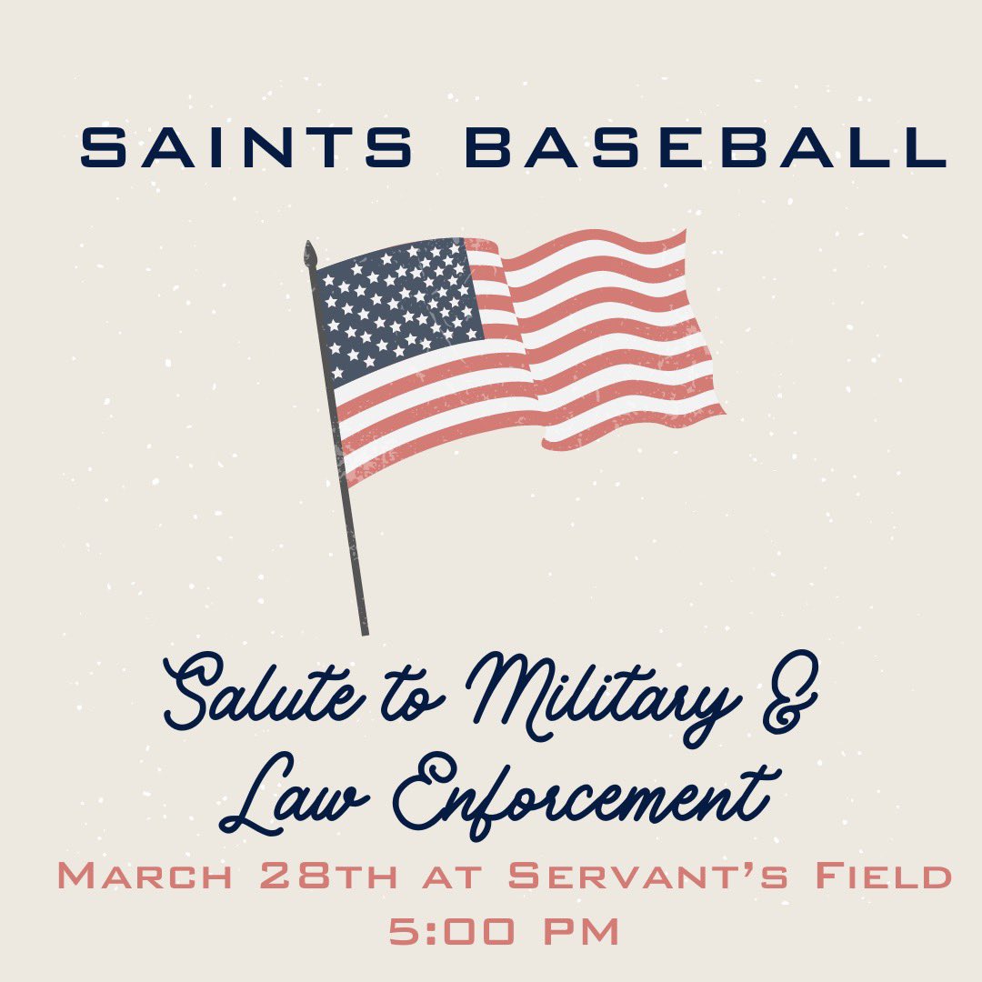 ⚾️ Game Day ⚾️ 🎟 4A-1 Conference (V/JV) 📍 Servant’s Field 🕰 5:00 First Pitch 🆚 Pea Ridge 🫡 Military & Law Enforcement 🇺🇸 Come out and support your Saints! #BurnTheShips