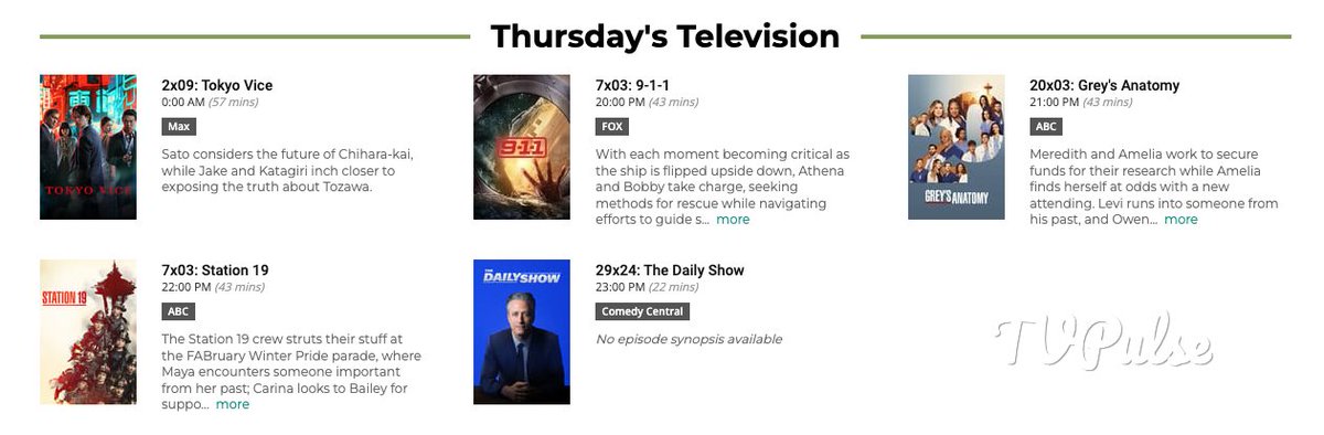 TVPulseMag's tweet image. What's on TV Tonight?
(Thurs. March 28)

#TGIT on ABC with #911onABC, #GreysAnatomy and #Station19, plus #TokyoVice on Starz &amp;amp; more

TVPulseMag.com