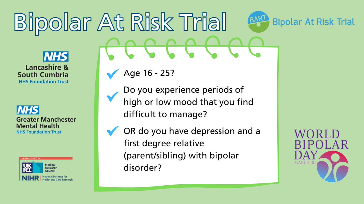 Today is World Bipolar Day! The @BipolarAtRisk trial is a study for young people who may be at risk of bipolar disorder. If the criteria below apply to you, please get involved. Email us at: BARTII@lscft.nhs.uk and we will be in touch with more information. #WorldBipolarDay