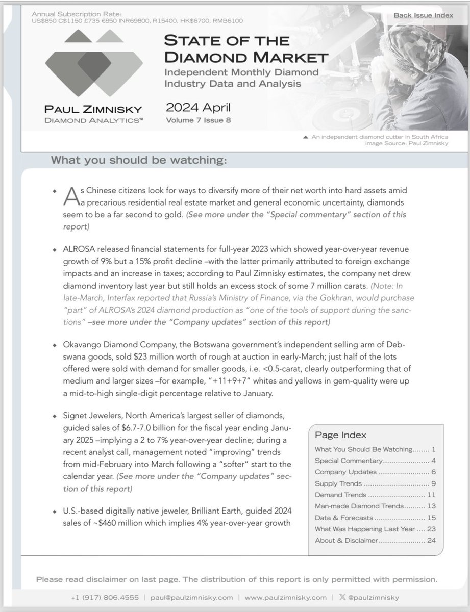 The April 2024 edition of PZDA’s “State of the Diamond Market” is out now. Including commentary on China and updates on ALROSA, Signet $SIG and Sarine —plus much more. For subscription info please visit: paulzimnisky.com/products