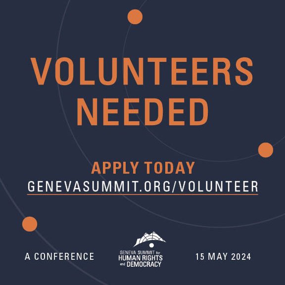 VOLUNTEERS NEEDED: The #GenevaSummit2024 is looking for volunteers who are passionate about human rights and democracy to help us shine a spotlight on the world's worst regimes. Apply to join us on May 15 and make a real difference for the repressed worldwide:…