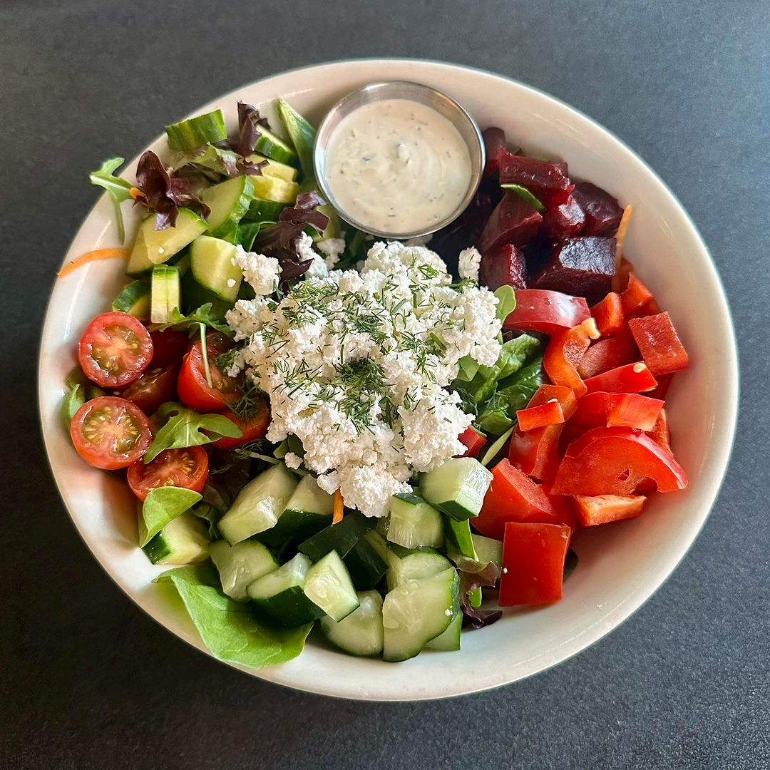 Spring specials alert! Roasted & Marinated Veg. Sandwich, with savory brinza cheese on an onion poppy seed roll. And we have our Ukrainian Diner Salad! w/ beets, cherry tomatoes, cucumbers, pickles, & creamy dill dressing.