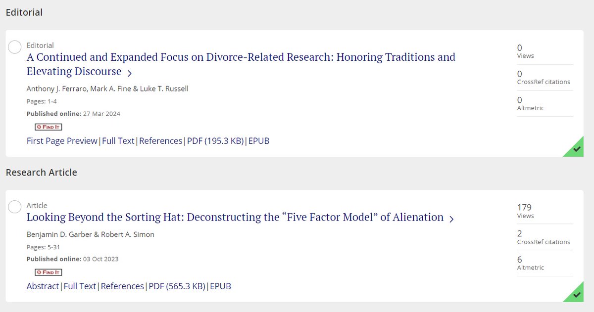 The first issue of <a href="/FamTransitions/">Family Transitions</a> has arrived! In this issue we present a new format w our 1st "Critical Dialogue Series" examining contrasting perspectives on the five-factor model of Parental Alienation (and Parent-Child Contact Problems more broadly)

tandfonline.com/toc/wjdr21/65/…