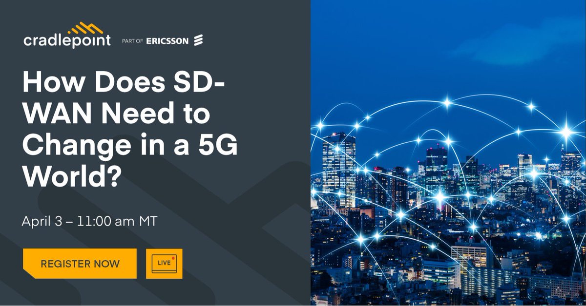 PaulWuerslin's tweet photo. Join Cradlepoint's webinar to explore how SD-WAN, cellular, and Hybrid WAN solutions can optimize network performance amid the power of 5G — which results in more use cases, easier management, and lower cost of operations..  https://t.co/02oVVfLV4K https://t.co/wfoTJK3sQu