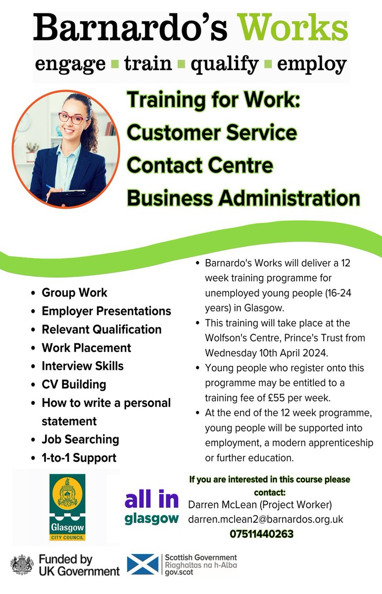 TRAINING FOR WORK- GLASGOW
Interested in customer service, admin or contact centre roles? If so, our next Training for Work programme may be for you!
Start date: 8th April, referral information below. #allinglasgow