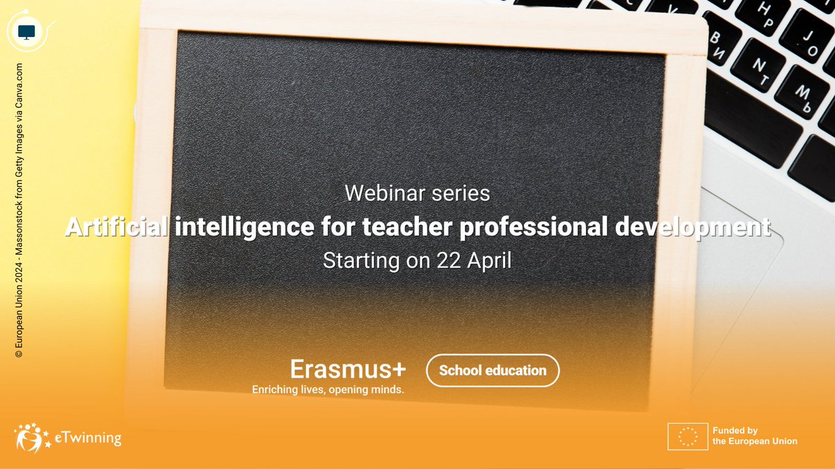 #eTwinning webinar series: 🎧Join the 2 webinars on 22 & 24 April at 16.00 CEST 💻Complete an activity in between the webinars 🏆 Receive a certificate after the previous steps Dive into the world of #AI for teacher professional development! Enrol here 🔗bit.ly/49hCQM2