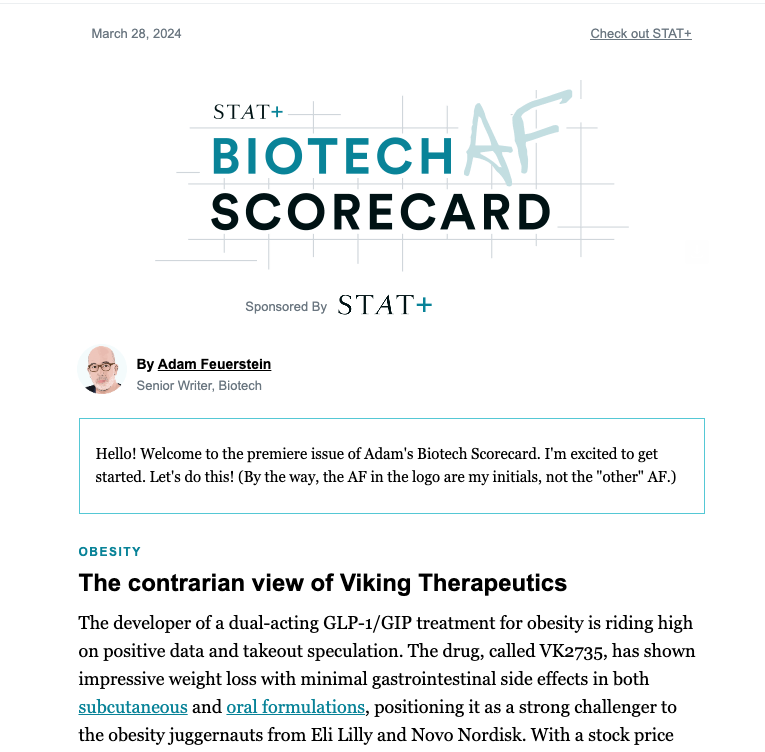 The long-awaited 'Biotech Scorecard' newsletter from @adamfeuerstein is finally here! A surprise at the end for any 🐶 lovers. Subscribe to STAT+ to get it in your inbox or email BiotechScorecard@statnews.com with comments or questions.