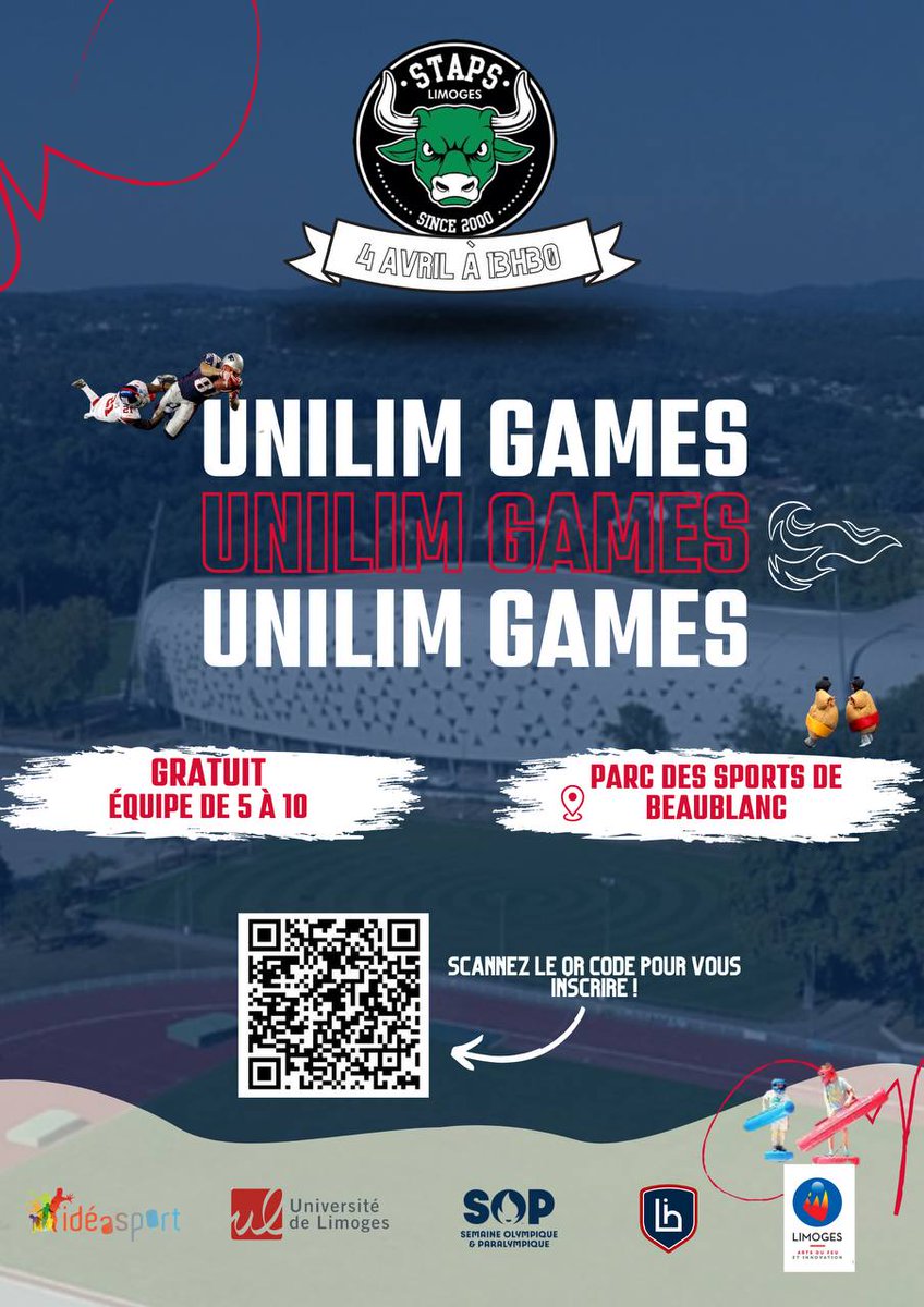 VilleLimoges87's tweet photo. L'édition 2024 des Unilim Games organisée par @LimouziStaps aura lieu jeudi 04 avril à 13h30 au parc des sports de Beaublanc 😎👇#limoges https://t.co/PassqoSYHO
