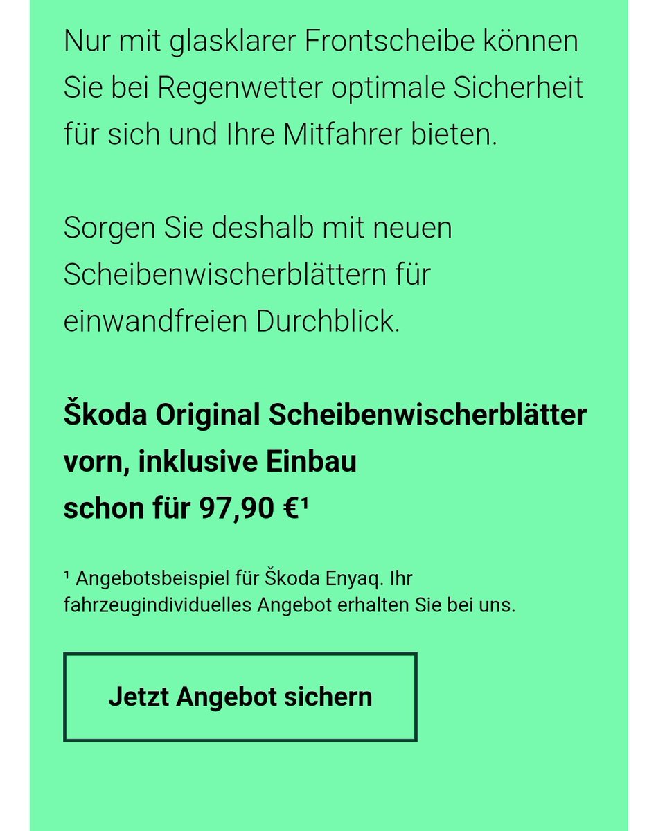 Ich verstehe ja, dass Leute sich beim Ölwechsel so verarschen lassen, weil man sich dabei einsauen und eventuell was falsch machen kann.

Aber solche Angebote sind ja wohl ein schlechter Witz! Das mach ich in zwei Minuten mit den guten Bosch AeroTwin für 25,- EUR.