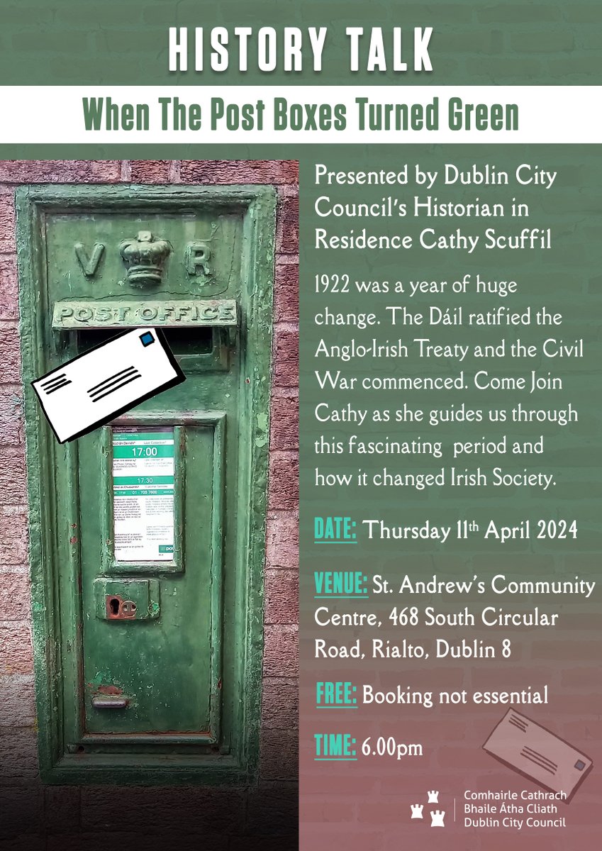 'When The Post Boxes Turned Green' Talk by historian in residence Cathy Scuffil (@ScuffilC) on Thursday 11 April in St Andrew’s Community Centre at 6pm. Free event, booking not essential.