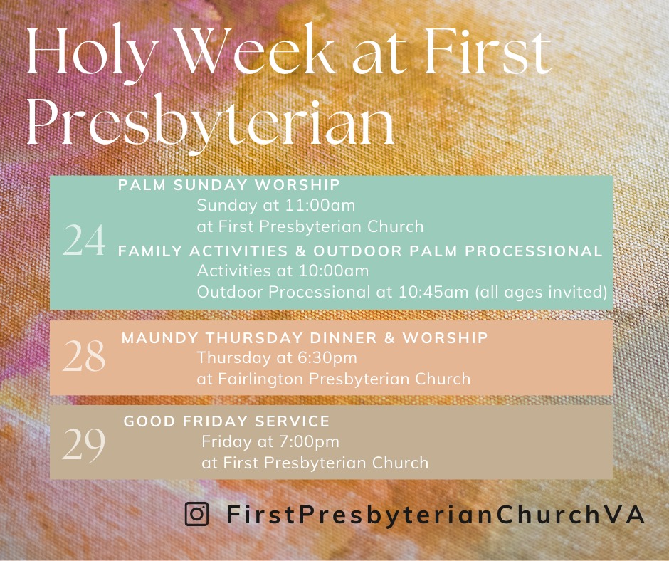 You're invited to dinner and worship tonight at Fairlington Presbyterian Church during our joint Maundy Thursday worship service! We'll see you at 6:30 pm for a special communion service for Holy Week. Everyone is welcome.