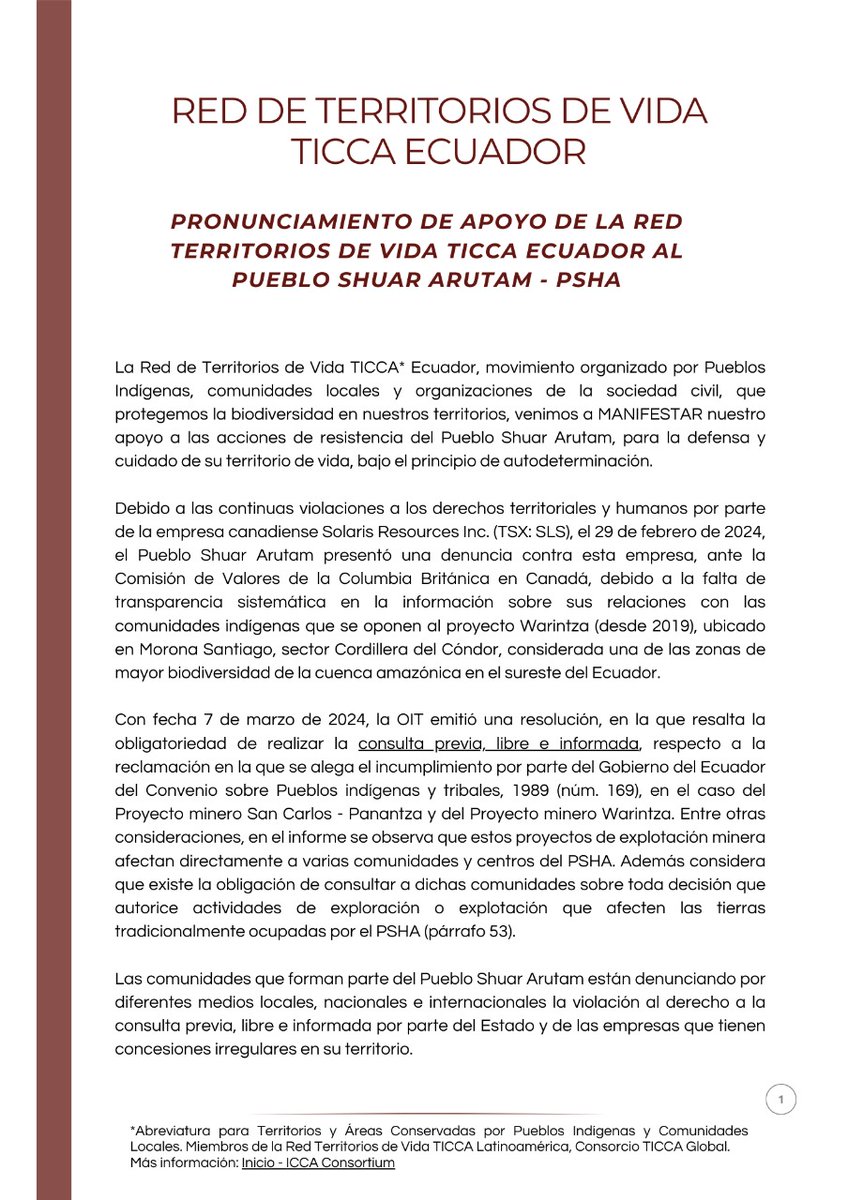 #TICCAEcuador | 📢 La Red de Territorios de Vida TICCA Ecuador se pronuncia en APOYO con el Pueblo Shuar Arutam- @cgpsha1, por la defensa y protección de su territorio en contra de la minería. 🍃 #TICCA #TerritoriosDeVida #ShuarArutamYaDecidió 1/3