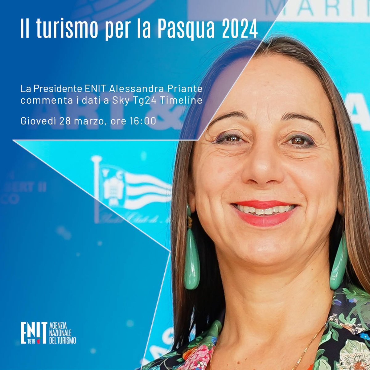 Oggi alle 16 su Sky Tg24 Timeline, la Presidente ENIT @AlexPriante commenta i dati sul turismo a Pasqua 2024. Leggi il comunicato stampa: enit.it/it/pasqua-con-…