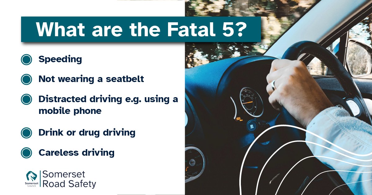 Do you know what the #Fatal5 are? These are the 5 main causes of death on the road: 👉 Distracted driving 👉 Not wearing a seatbelt 👉 Drink/drug driving 👉 Speeding 👉 Careless Driving For more information 👉 somersetroadsafety.org/fatal-five/ @ASPRoadSafety @ASPolice @DSFireUpdates