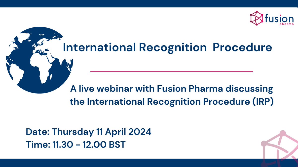 fusion_pharma's tweet photo. Join us for an International Recognition Procedure (IRP) live webinar on Thurs 11 April - click here to view details and register: https://t.co/Y0x2v9RDZP

#IRP  #RegulatoryAffairs  #InternationalRecognitionProcedure https://t.co/fu73SXnFBE