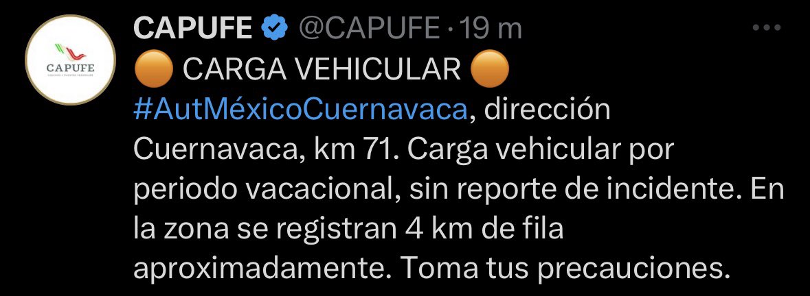 #ReporteVial | Se registra carga vehicular en la autopista México-Cuernavaca con dirección a Cuernavaca, km 71. Por periodo vacacional, sin reporte de incidente, en la zona se registran 4 km de fila aproximadamente. 
Tome precauciones 🚨